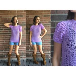 vintage 50s lilac CROCHET SCALLOPED Knit TOP xs/small sheer blouse sweater